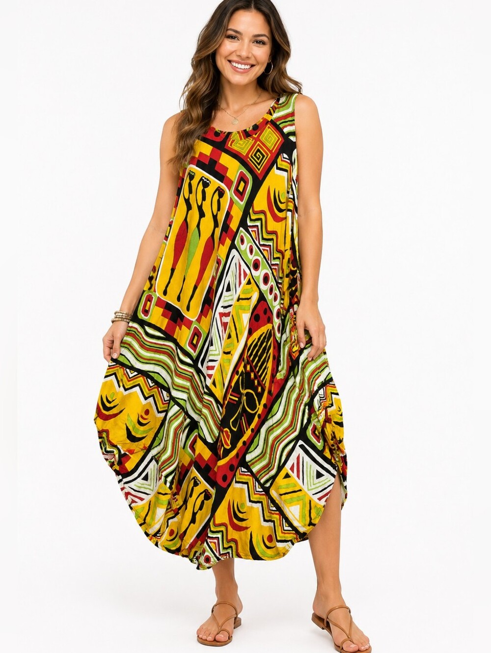 NF Boho Sleeveless High Low Dress Free Size Tribal African Print Balloon Style